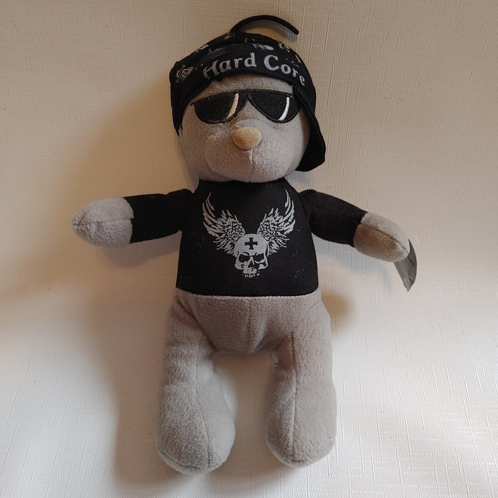 RETRO HARD CORE BIKER BEAR Skull Bandana Angel Wings TShirt Glasses 12"